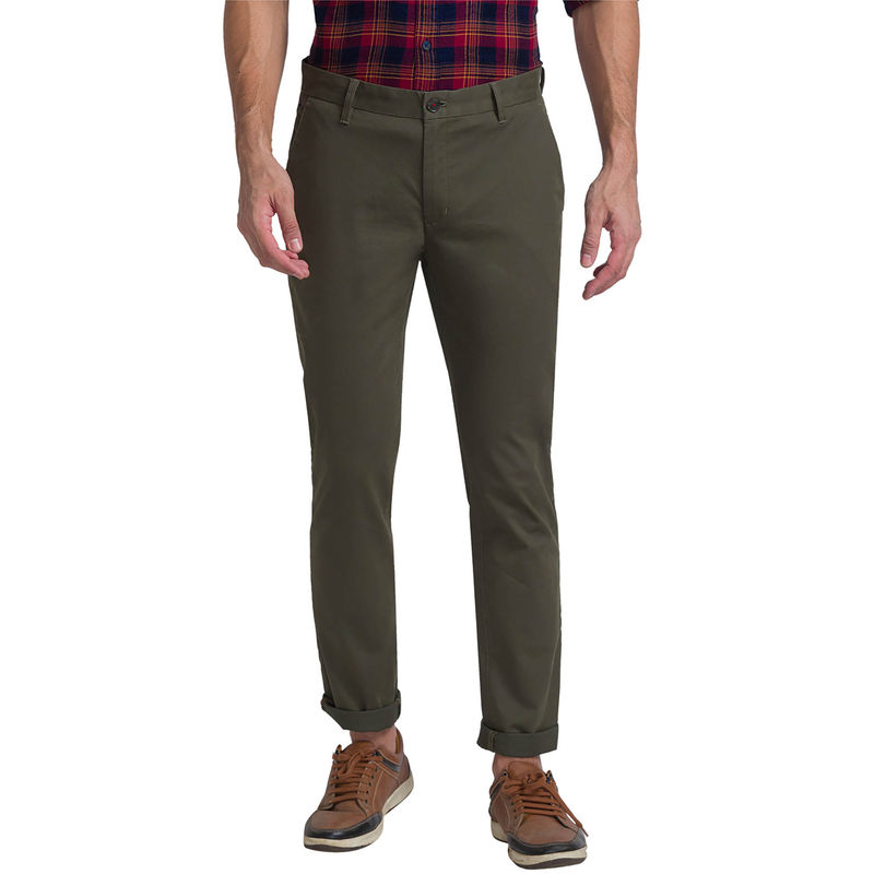 Raymond Slim Fit Solid Dark Green Casual Trouser (34)