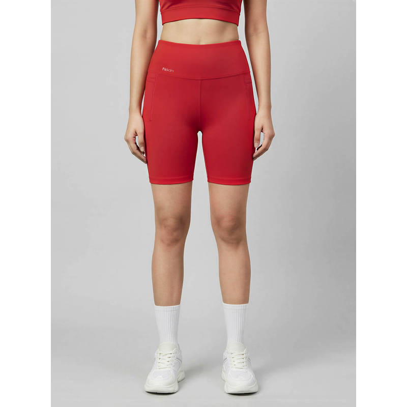 Fitkin Womens Red High-Rise Super Soft Cycling Shorts for Active Wear (L)