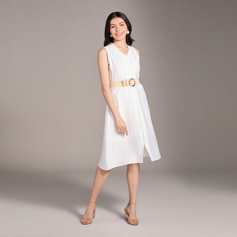 Twenty Dresses by Nykaa Fashion White Solid Front Slit A Line Midi Dress (Set of 2) (XS)