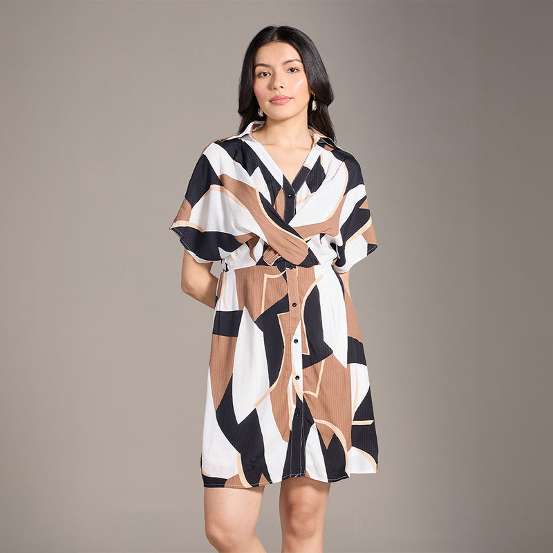 Twenty Dresses by Nykaa Fashion Multicolor Abstract V Collared Neck Knee Length Dress (XS)