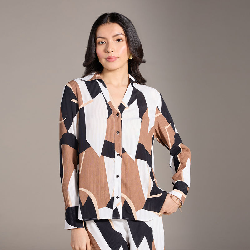 Twenty Dresses by Nykaa Fashion Multicolor Abstract Print V Neck Collared Shirt (XS)