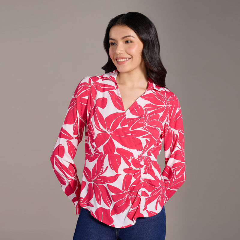 Twenty Dresses by Nykaa Fashion Fuchsia Pink And White Floral Print Double Collar Wrap Top (XS)
