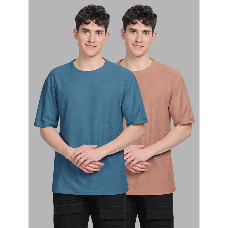 BULLMER Trendy Teal, Beige Textured Hexagon Waffle Crew Neck T-Shirt for Men (Pack of 2) (S)