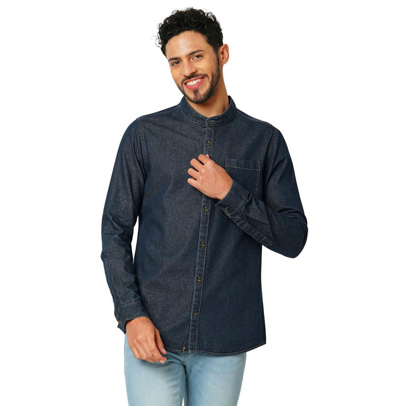 Bombay High Mens Dark Indigo Band Collar Denim Shirt (S)