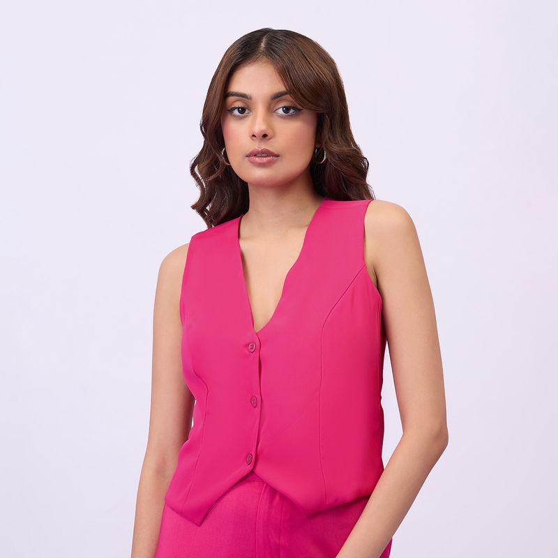MIXT by Nykaa Fashion Pink Solid V Neck Crop Waist Coat (S)