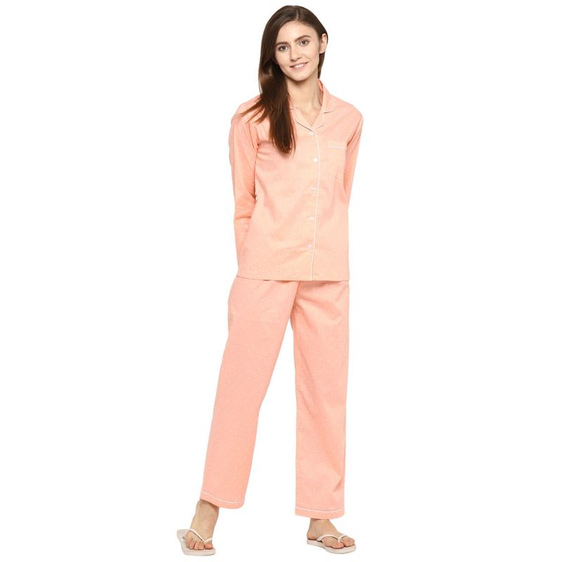 Shopbloom Polka Dot Print Long Sleeve Women's Night Suit - Peach (S)