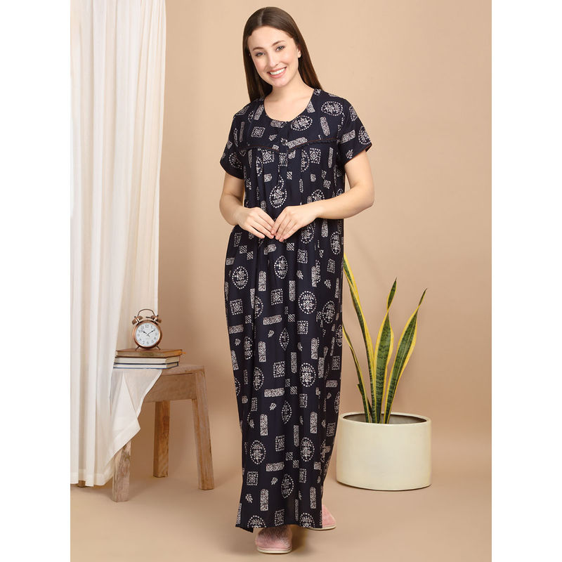 Sweet Dreams Navy Blue Women Printed Nightdress (XL)