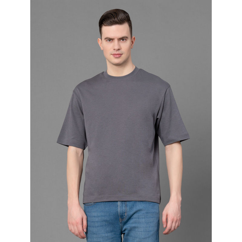 Red Tape Men Stone Grey Poly Cotton Solid Round Neck T-Shirt (S)