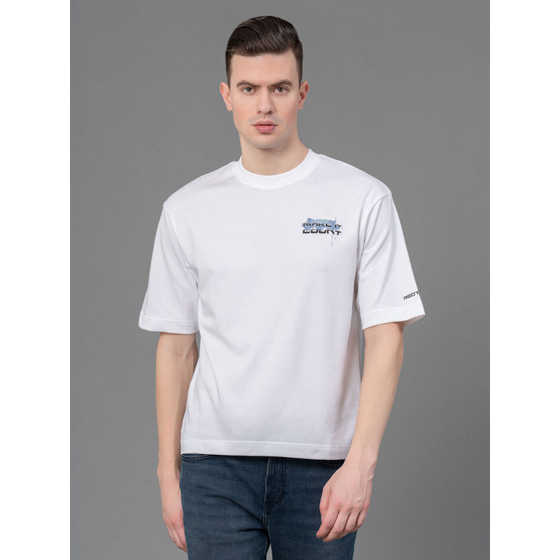 Red Tape White Poly Cotton Solid Mens Oversized T-Shirt (S)