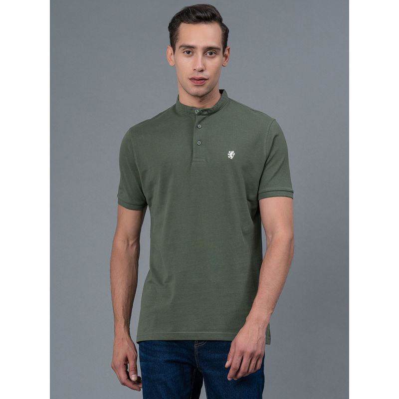 Red Tape Stone Green Solid Cotton Mens T-Shirt (L)