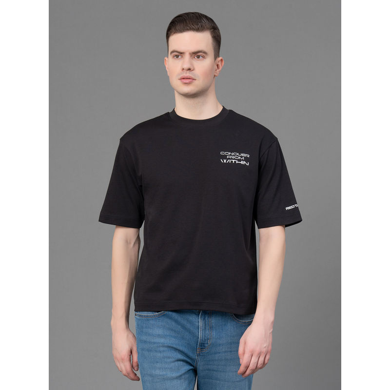 Red Tape Black Poly Cotton Solid Mens Oversized T-Shirt (S)