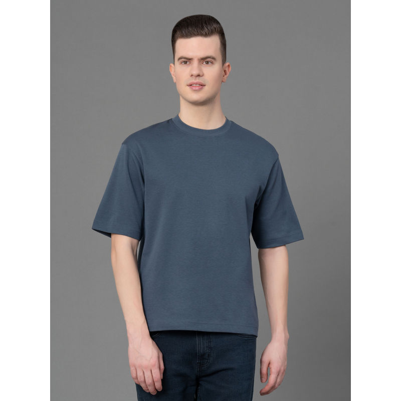 Red Tape Stone Blue Solid Poly Cotton Mens Oversized T-Shirt (S)