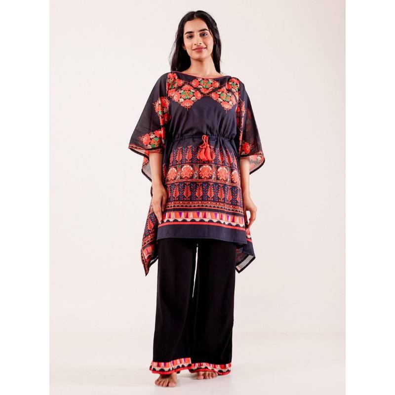 The Kaftan Company Black Printed Viscose Nightwear Pyjama Set (S)