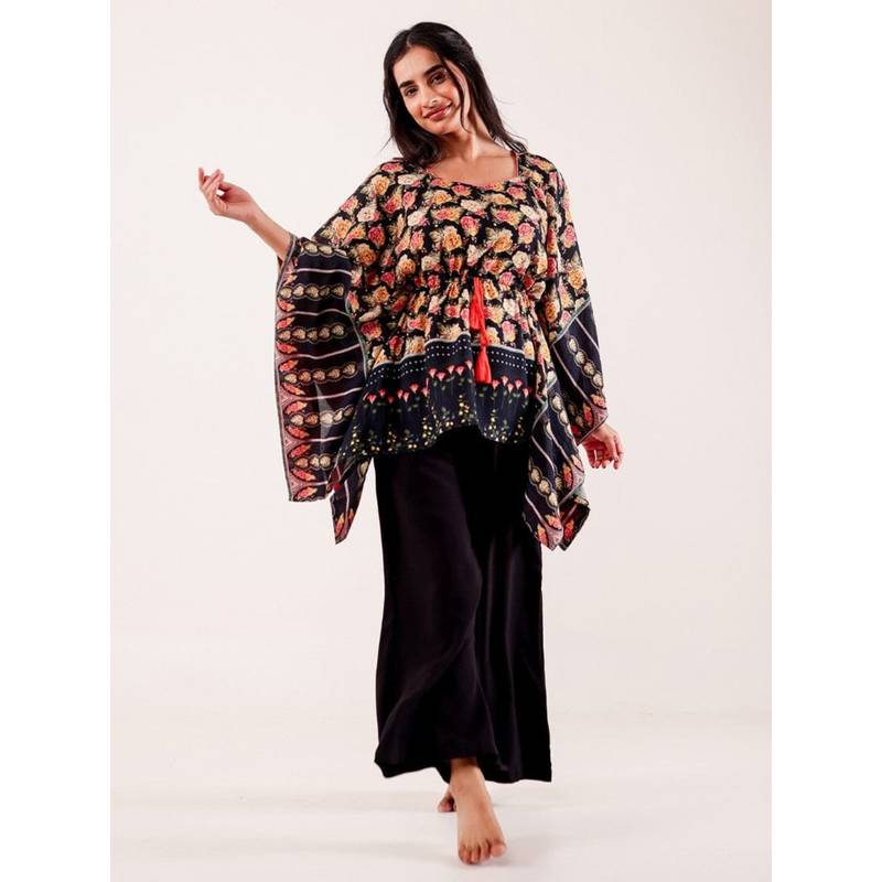 The Kaftan Company Black Floral Printed Viscose Nightwear Pyjama Set (S)
