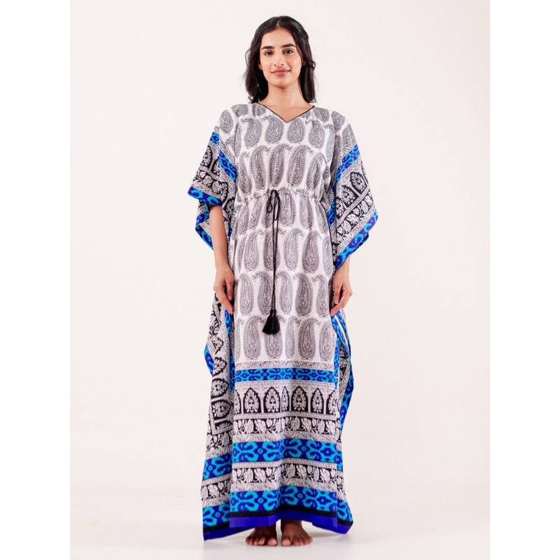 The Kaftan Company White Paisley Printed Loungewear Kaftan (S)