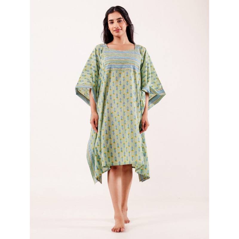 The Kaftan Company Green Buta Printed Cotton Loungewear Kaftan With Border Detail (S)