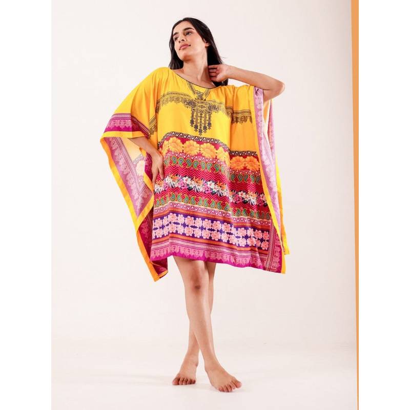 The Kaftan Company Yellow Ethnic Floral Printed Modal Kaftan (S)
