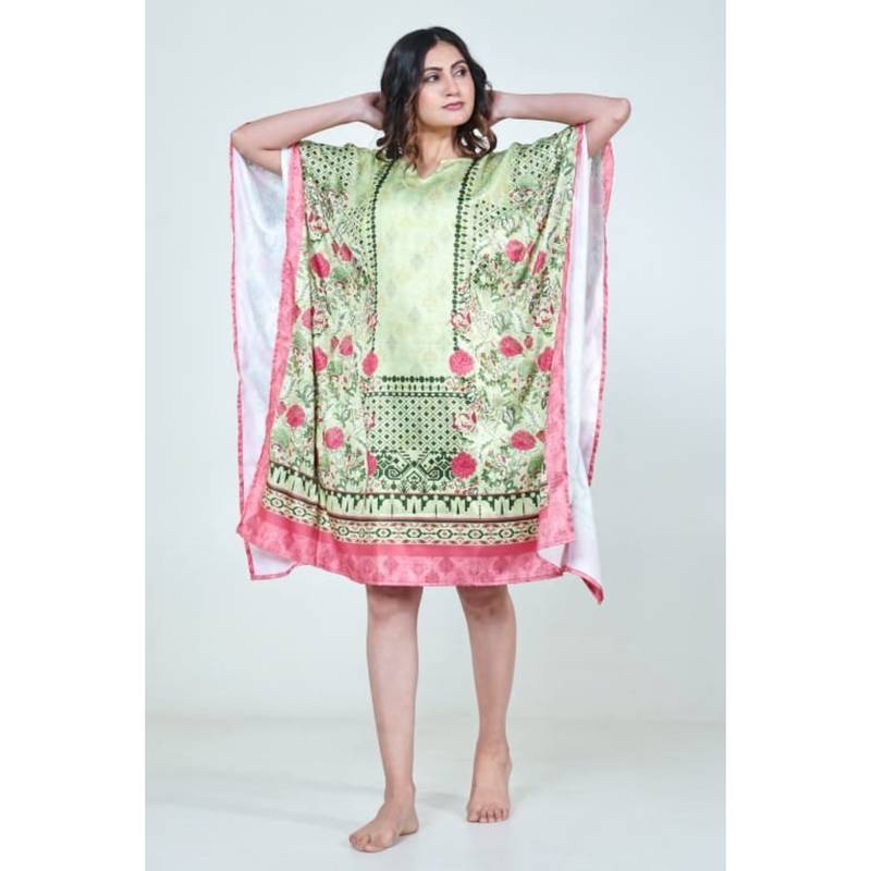 The Kaftan Company Green Floral Printed Satin Kaftan With Pockets (S)