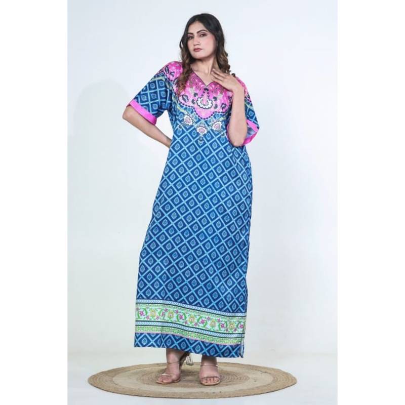 The Kaftan Company Blue And Pink Printed Satin Nightdress With Pockets (S)