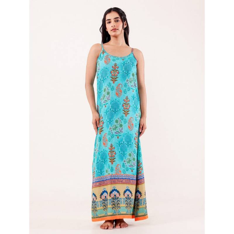 The Kaftan Company Turquoise Printed Modal Negligee With Spaghetti Straps (S)