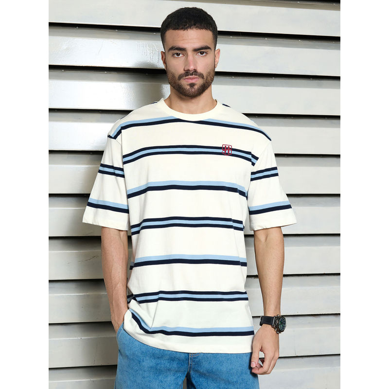 High Star Men's Cotton Short Sleeves Round Neck Striped Relaxed Fit T-Shirt (L)