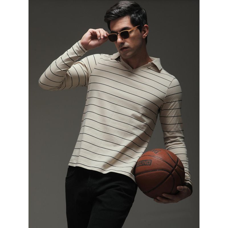 DILLINGER Mens Regular Long Sleeve Polo Striped T-shirt - Beige (2XL)