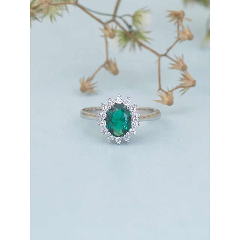 925 Sterling Silver Oval Green Emerald and American Diamond Ring for Women Girls 12