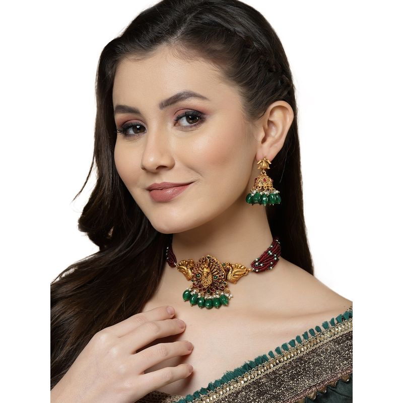 Dugran By Dugristyle Green and Red Necklace with Earring Set with