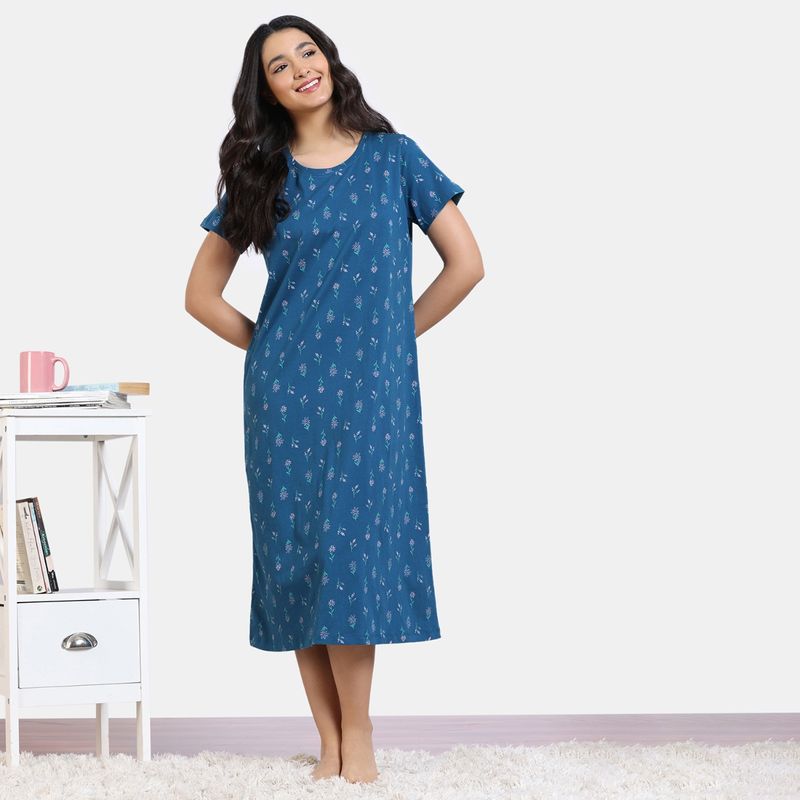 Zivame Scribbled Meadows Knit Cotton Mid Length Nightdress - Lyons Blue (S)