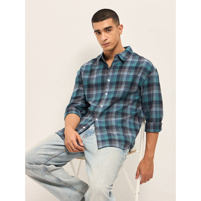 THE BEAR HOUSE Men Blue Cotton Relaxed Fit Shirt (M)