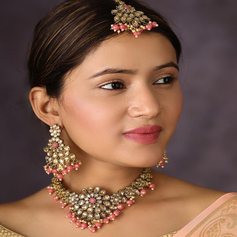 Priyaasi Women Peach Beads Pearls Kundan Gold-Polished Floral Traditional MaangTika Jewellery Set
