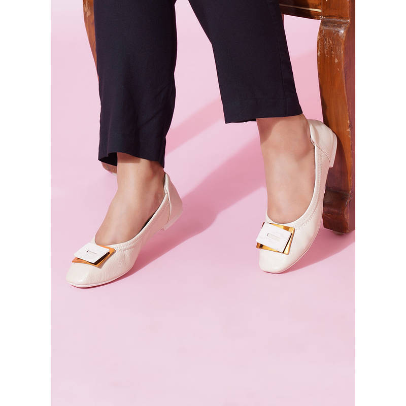 Sherrif Shoes Cream Casual Embellished Slip On Ballerinas (EURO 36)