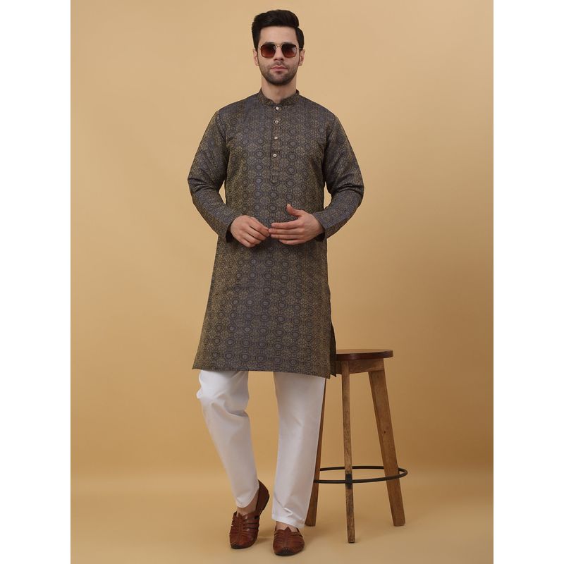 Kraft India Mens Silk Blend Jacquard Bandhani Blue Kurta (S)