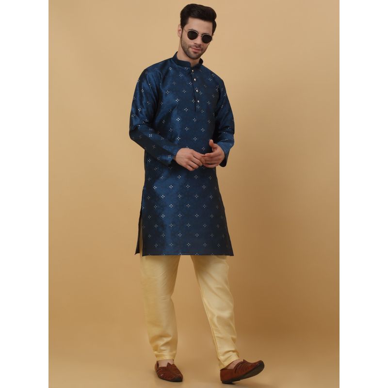 Kraft India Mens Silk Blend Jacquard Blue Kurta (M)