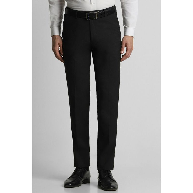 Peter England Men Black Textured Slim Fit Formal Trousers (32)