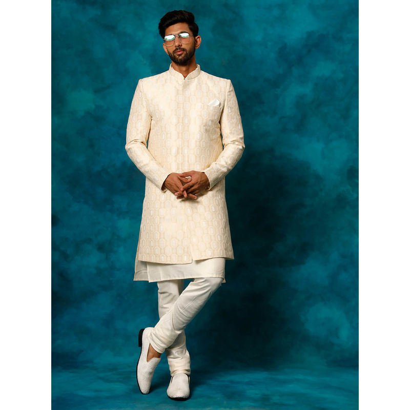 Vastramay Mens Beige & Cream Viscose Sherwani (Set of 3) (L)