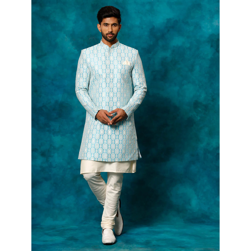 Vastramay Mens Blue & Cream Viscose Sherwani (Set of 3) (M)