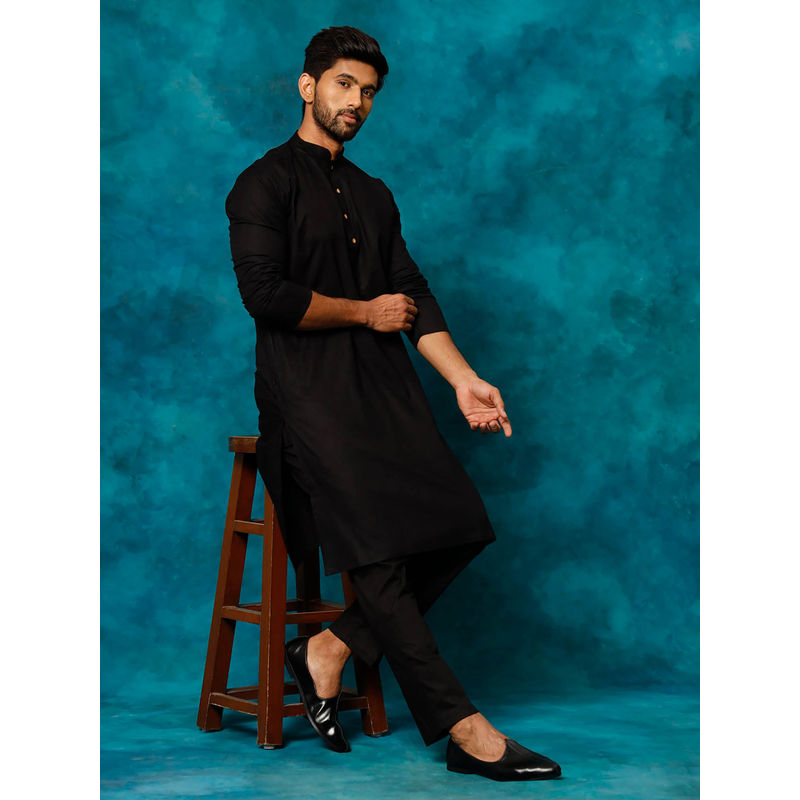 Vastramay Mens Black Cotton Blend Kurta Pyjama (Set of 2) (S)