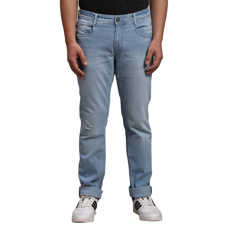 Parx Slim Tapered Fit Solid Medium Blue Jeans (32)