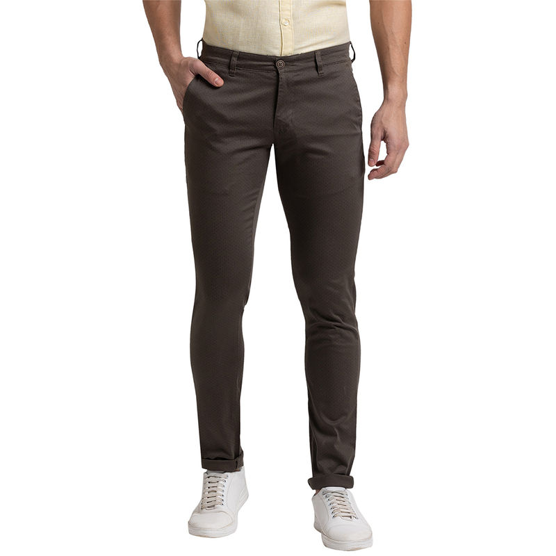 Parx Tapered Fit Printed Dark Olive Trousers (32)