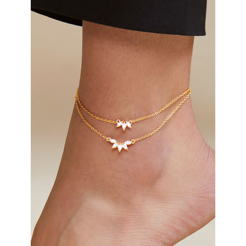 Buy MINUTIAE Gold Plated Crystals Studded Layered Anklet M Online