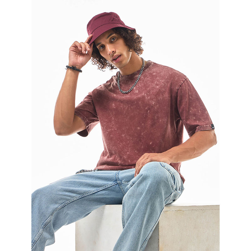 Bewakoof Men's Brick Red Oversized Acid Wash T-shirt (2XL)