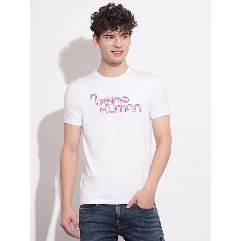 White Slim Fit Round Neck Men's T-Shirt by Being Human Clothing (L)