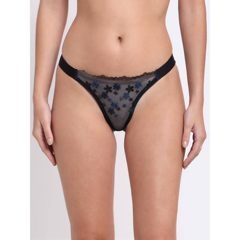 AOBA Women Blue & Black Self Design Lace Thongs (M)