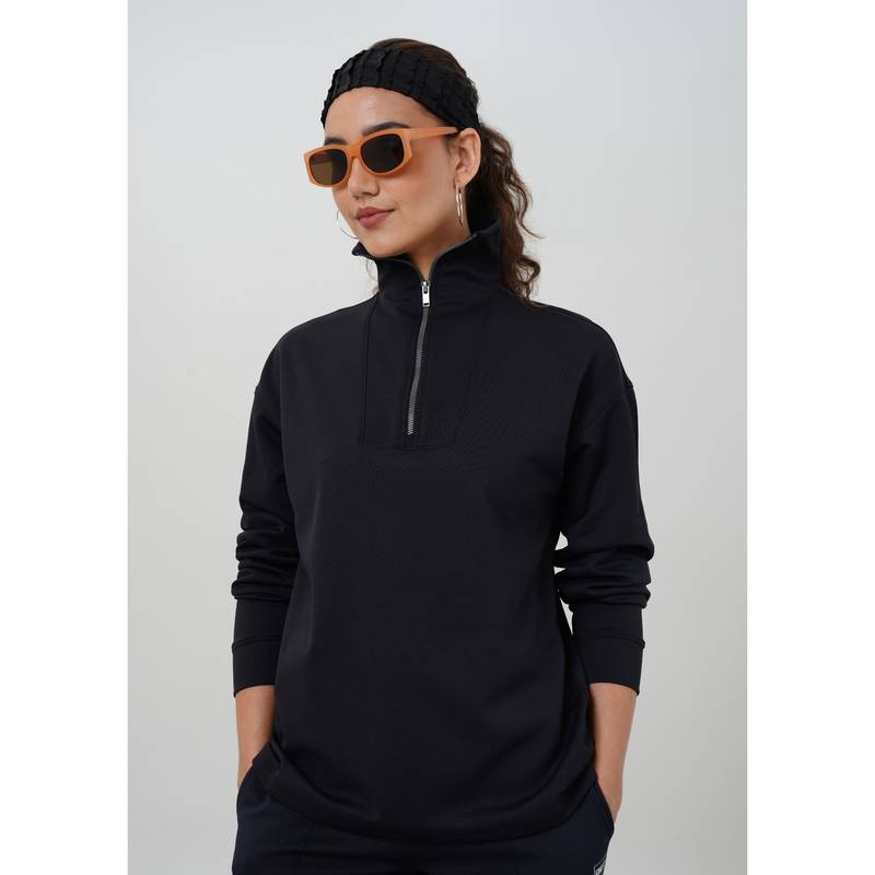 Technosport Women Solid High Neck Regular Fit Full Sleeve Half Zip Black Sweatshirt (S)