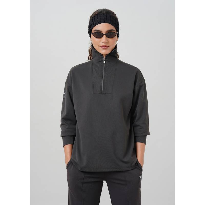 Technosport Women Solid High Neck Regular Fit Full Sleeve Half Zip Grey Sweatshirt (S)