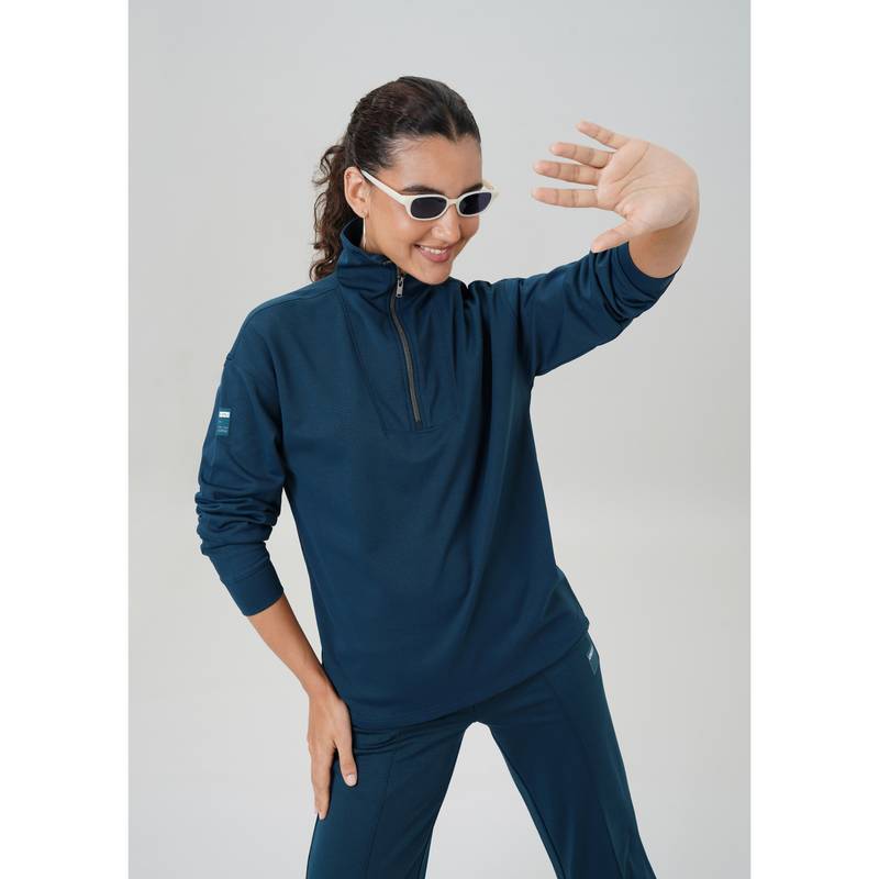 Technosport Women Solid High Neck Regular Fit Full Sleeve Half Zip Teal Sweatshirt (S)