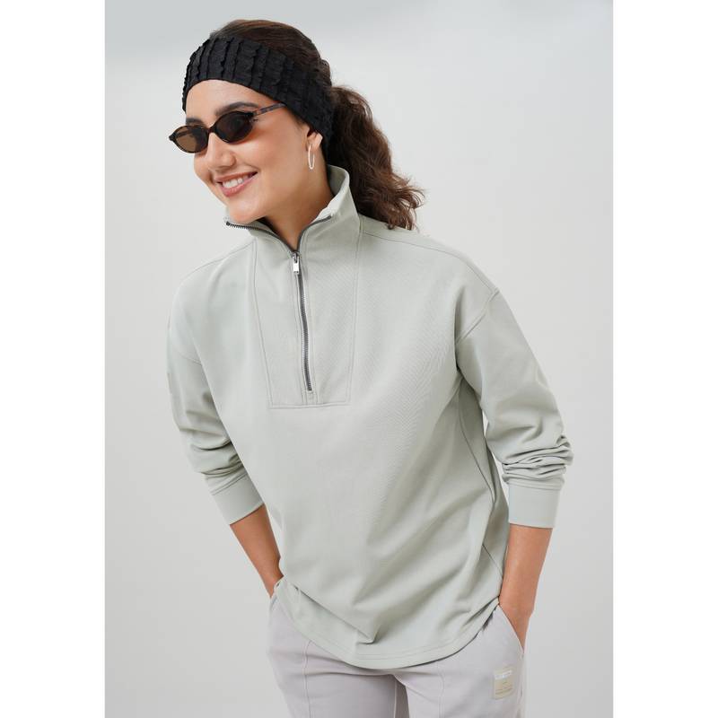 Technosport Women Solid High Neck Regular Fit Full Sleeve Half Zip Grey Sweatshirt (S)