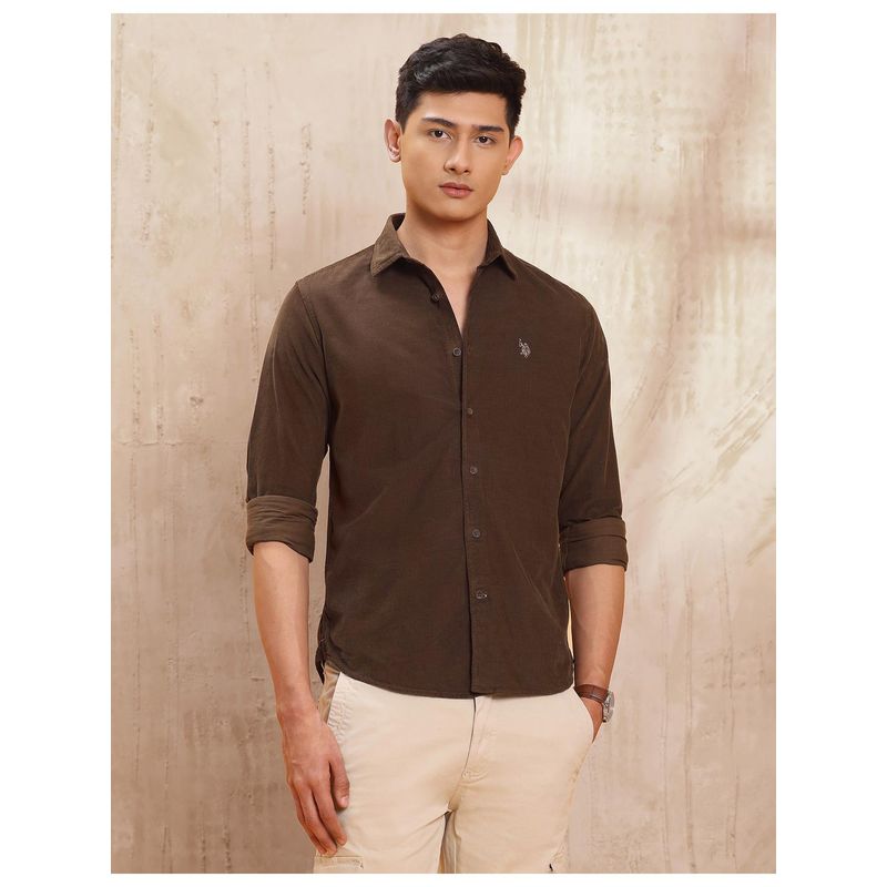 U.S. Polo Assn. Denim Co. Mens Pure Cotton Slim Fit Brown Casual Shirt (42)