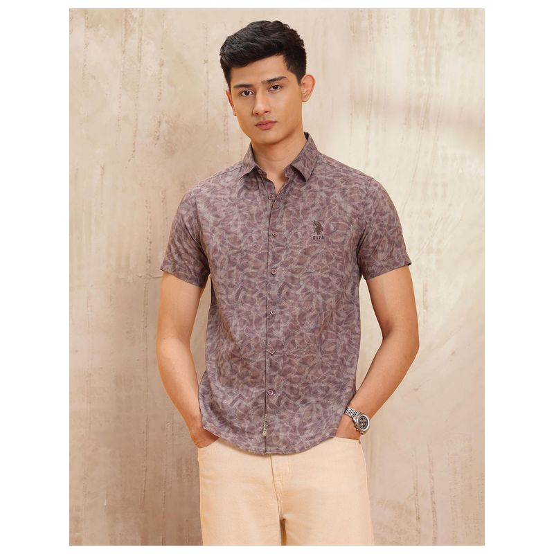 U.S. Polo Assn. Denim Co. Mens All Over Printed Slim Fit Brown Casual Shirt (42)